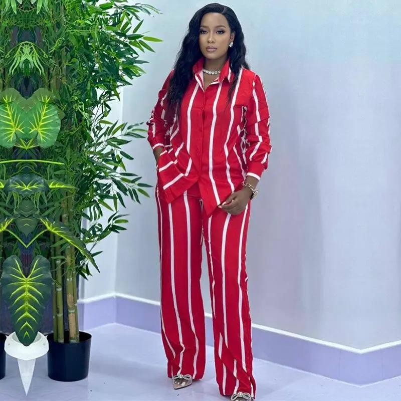 African Fashion Stripe Two Piece Set Women Spring Autumn Casual Button Long Sleeved Shirt Wide Leg Pants Two Piece Set Women