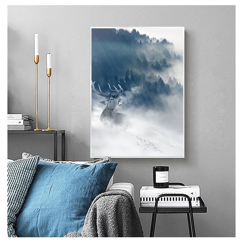 Canvas Painting Forest Snow Mountain Modular Pictures for Living Room Home Cuadros Decoartion Nordic Animal Poster Wolf Elk