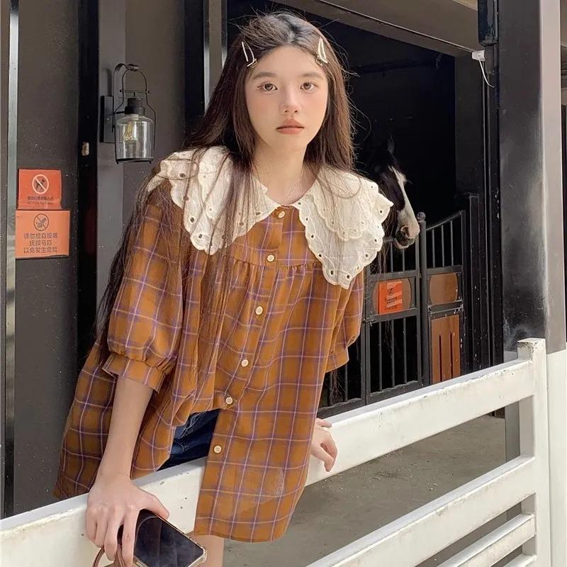 

Womens Lace Peter Pan Collar Plaid Short Sleeve Blouse L жёлтый