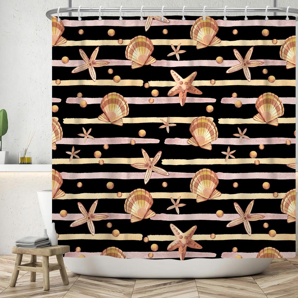 Nautical Theme Shower Curtain With Hooks Sailboat Anchor Seashells Starfish Waves Watercolour Art Modern Bathroom Curtain Decor