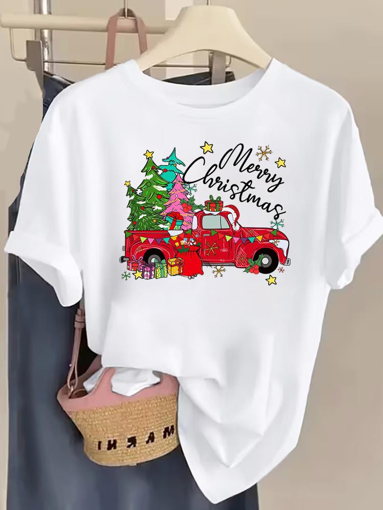 (Asian Size) watercolor tree style Tee Top Christmas Festival New Year Clothing T Shirt Women Fashion Print Female Woman Short Sleeve Graphic T-shirts