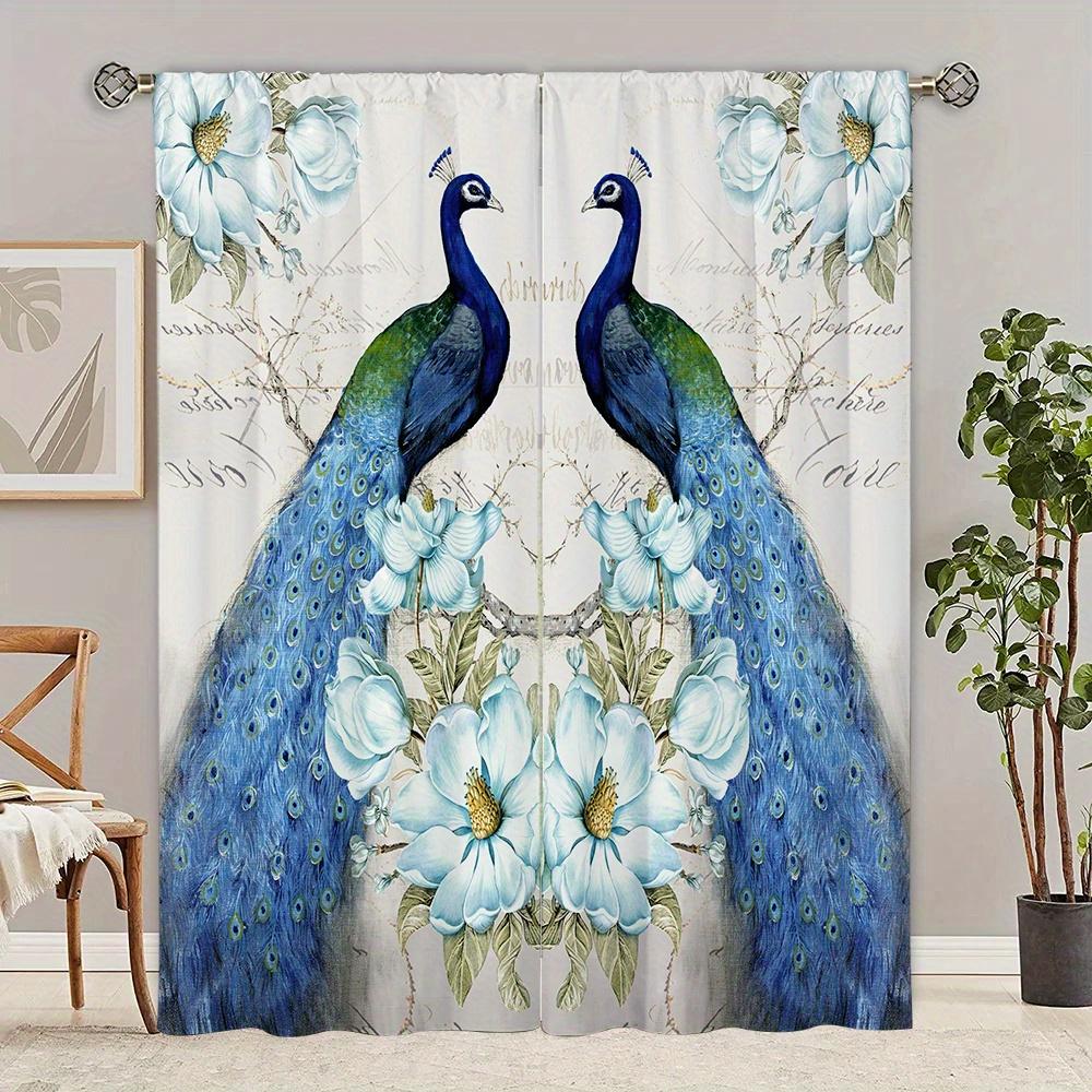 2pcs Blue Peacock Decorative Curtain Rod Pocket Curtain Versatile For All Seasons  For Bedroom Kitchen Office Study Living Room