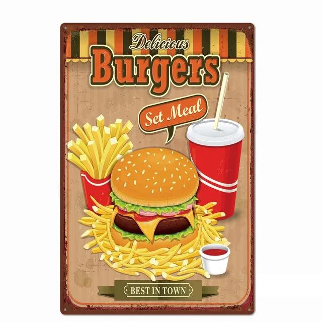 Delicious Hamburger Food Signs Metal Plaques Barbecue Kitchen Restaurant Shop Tin Sign Decorative Posters Retro Iron Painting