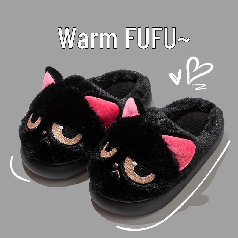 Black Cat Cotton Slippers: Women s Plush, Men s Warm, Postpartum, Closed-Toe Size 38-39