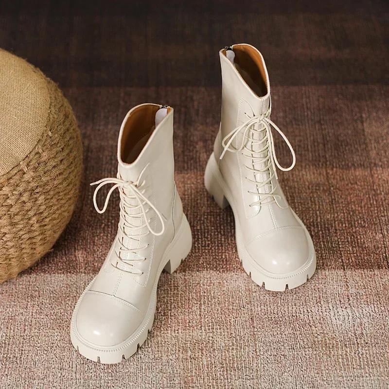 Autumn New Style Women's Boots Lace Up Mid Follow Round Head Fang Hei Rubber Wear-resistant Sole Platform Shoes Outdoor Leisure