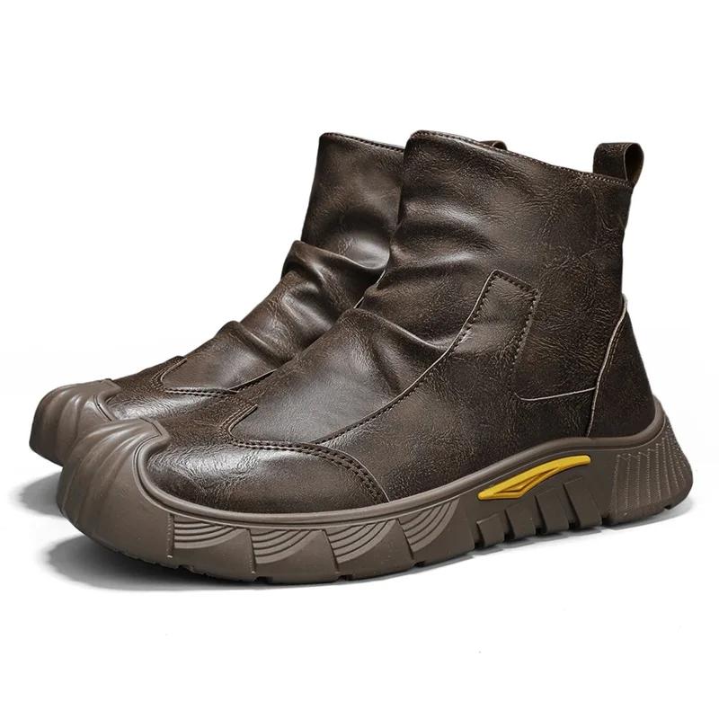2026 New Autumn Winter Men High Top Boots Non Slip Comfort Thick Soled Wear-resistant Fashion Leather Ankle Boots Zapatos Hombre