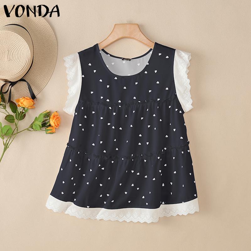 

VONDA Женские повседневные топы-майки без рукавов с вязаным крючком пэчворком и принтом с оборками 4XL темно-синий