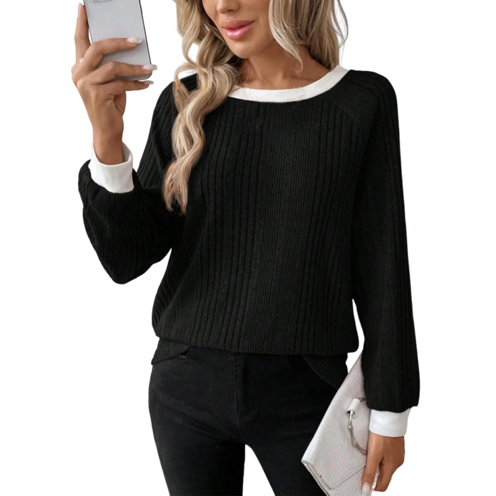Women s /Winter Long-Sleeved Color Ribbed Striped Long-Sleeved Sweater L чёрный