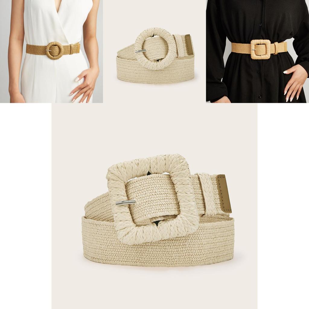Cinturón de Cintura Tejido para Vestidos Casuales de Mujer con Decoración de Hebilla Circular de Diseño Minimalista