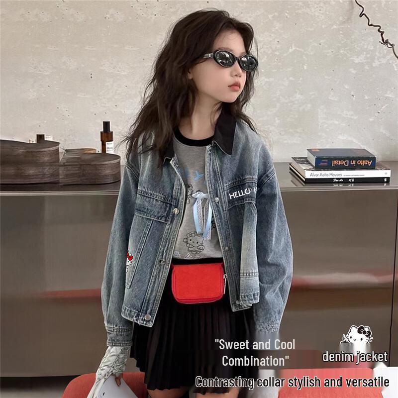 Hello Kitty Girls  2026 Color-Block Lapel Loose Denim Jacket 110