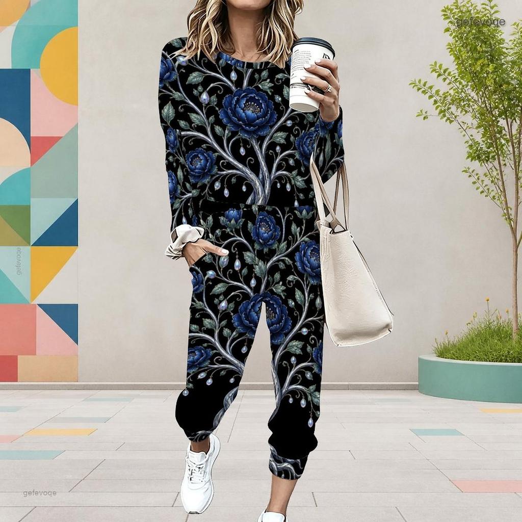 Women Plus Size Round Neck Long Sleeve Black Printed Two Piece Set Cuffed Top And Pants With Pockets