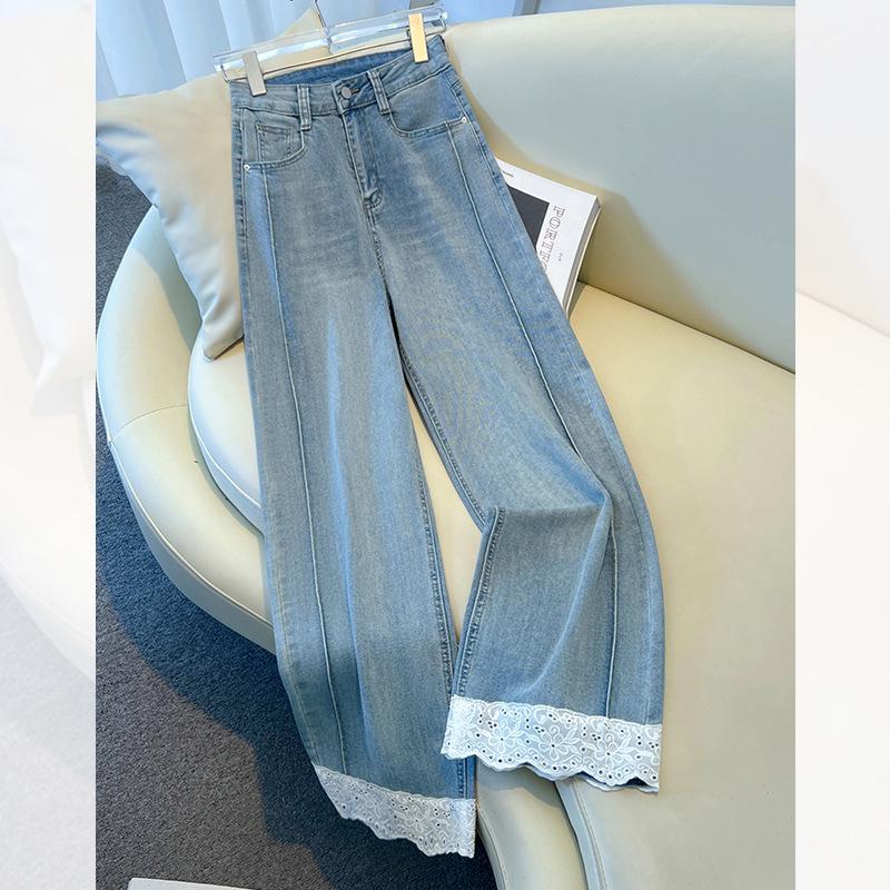 

Весна и Осень 2025 Женские Легкие Прямые Джинсы Кроп с Кружевной Отделкой - Свободный Широкий Крой 26/S (Recommended 85-95 jin)
