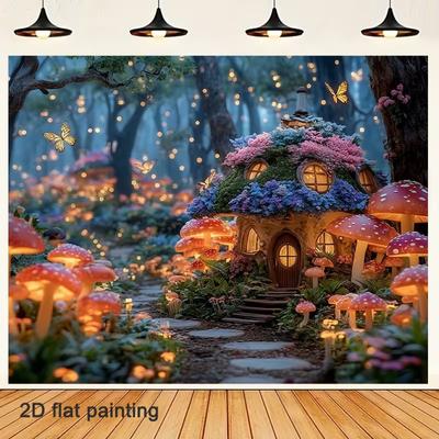 2D Dreamy Enchanted Forest Backdrop, Magical Mushroom House & Butterflies Art