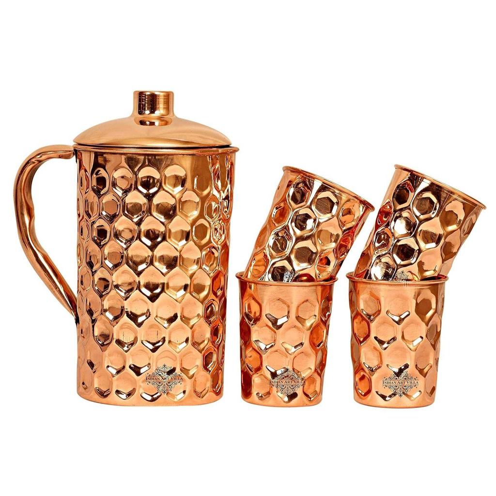 Diamond Hammered Copper Jug Pitcher with 4 Glass Set, Storage & Serving Water Home Restaurant, 5 Pieces