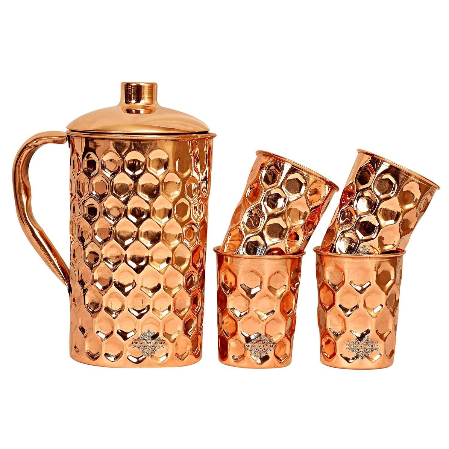 

Diamond Hammered Copper Jug Pitcher with 4 Glass Set, Storage & Serving Water Home Restaurant, 5 Pieces