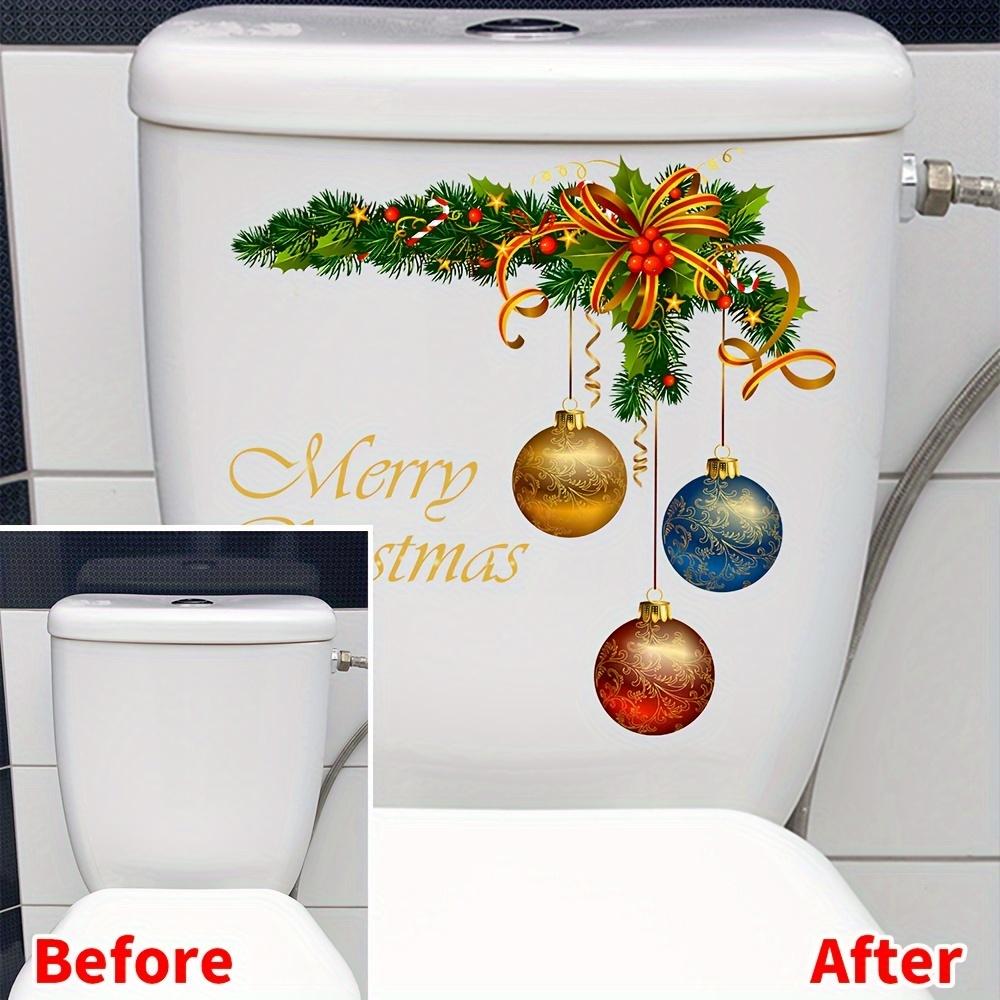 A Christmas-Themed Toilet Seat Sticker Featuring a Wreath And Colorful Balls, Made of Waterproof, Removable PVC for Decoration.