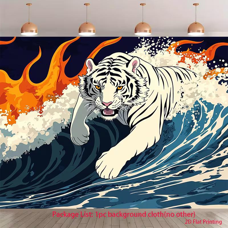 

2D Tiger Fire & Water Backdrop 2D White Tiger Ocean Wave Art Photo Background for Themed Shoot 47.2x31.5inch/120*80cm