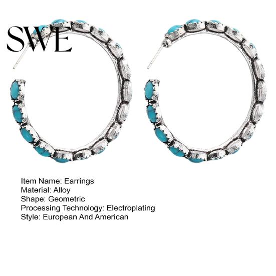 Turquoise Hoop Earrings Vintage Boho Style Circle Large Statement Elegant Plated Jewelry for Women