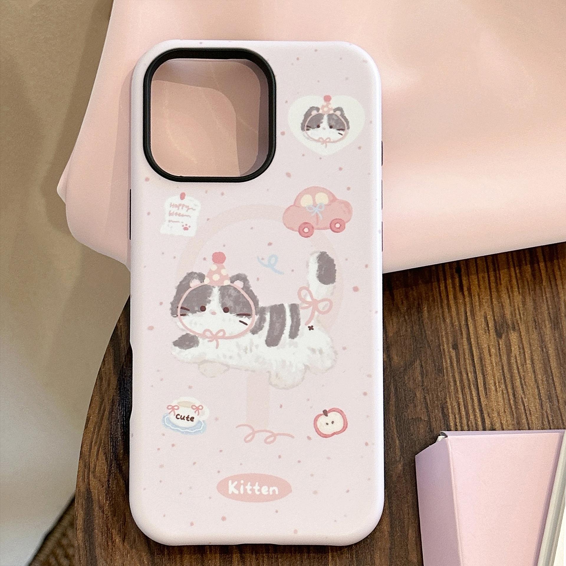 

Cute Pink Cat Magnetic Stent Apple IPhone 16 Suitable for 13 Philly Phone Case 15 Promax Korean 14 12promax