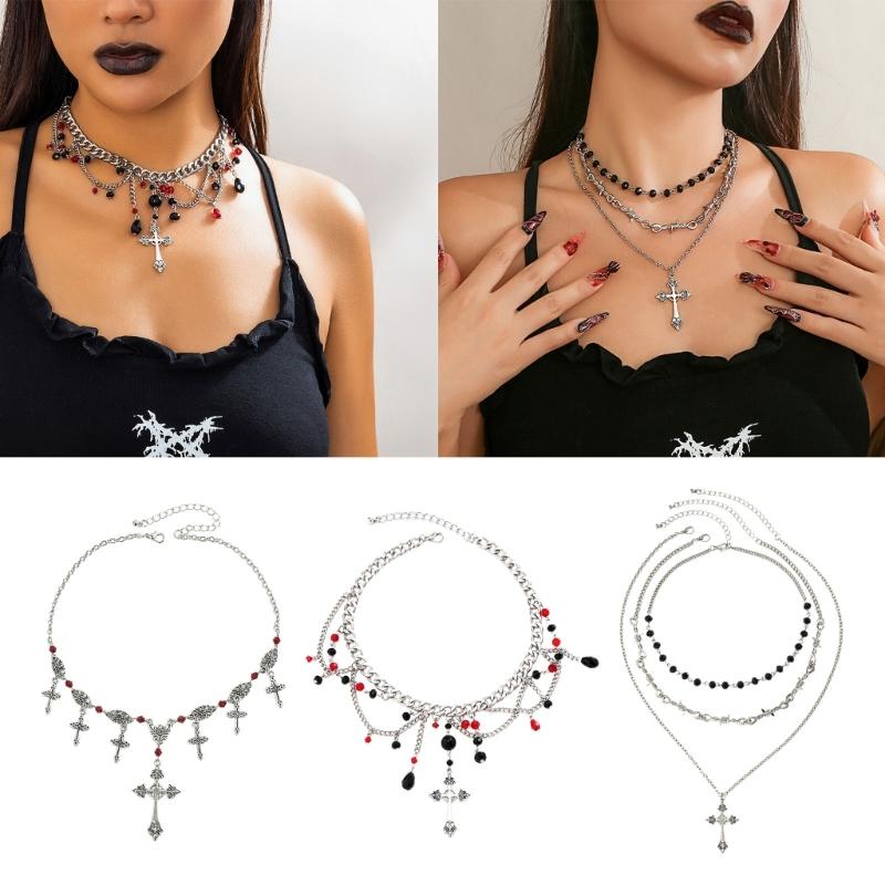 Punk Thorn Cross Pendant Necklace Dark Gothic Cross Fringe Choker Necklace for Women Unique Clavicle Chain Stylish Gift