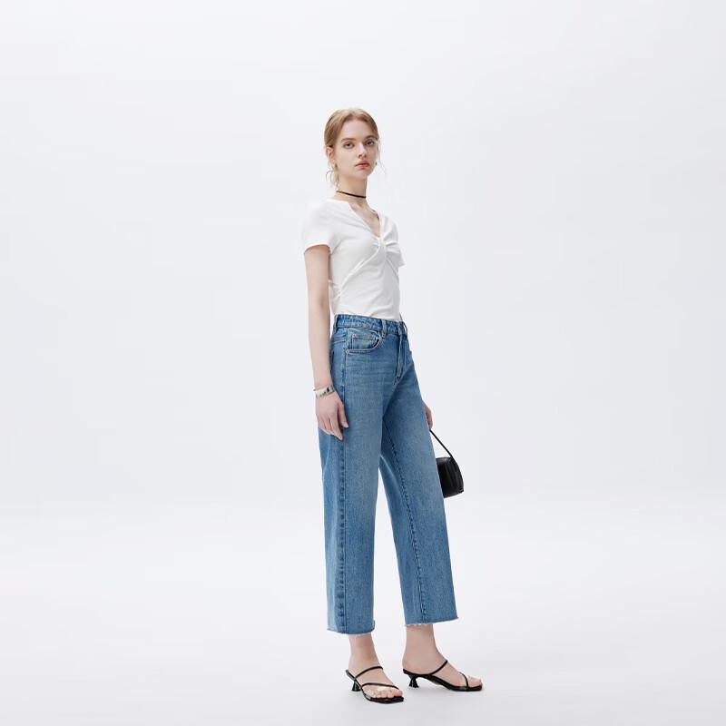 Fengmao Women's Lycra Raw Hem Straight-Leg Jeans