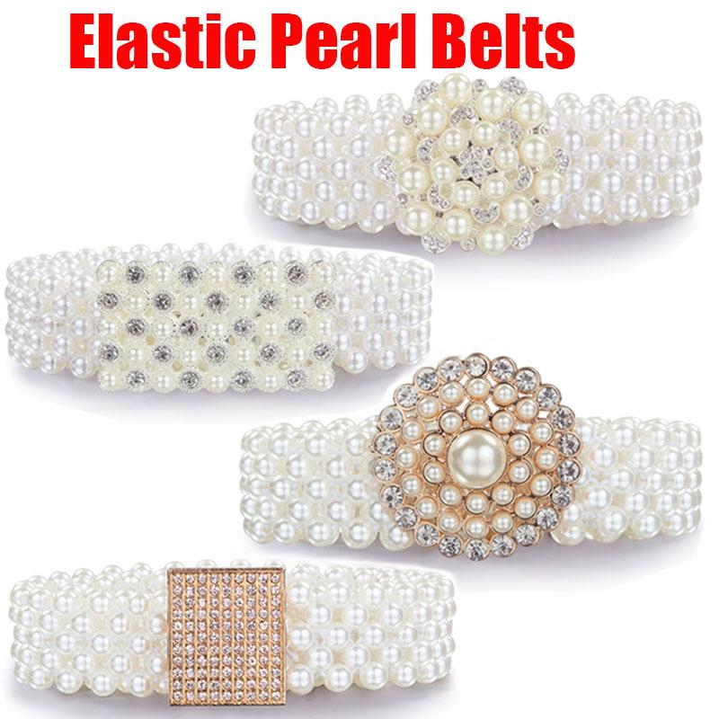 

Мода Роскошь Женский Жемчуг Горный хрусталь Пояс Жемчужный Тканый Эластичный Пояс Женщины Прилив All-match