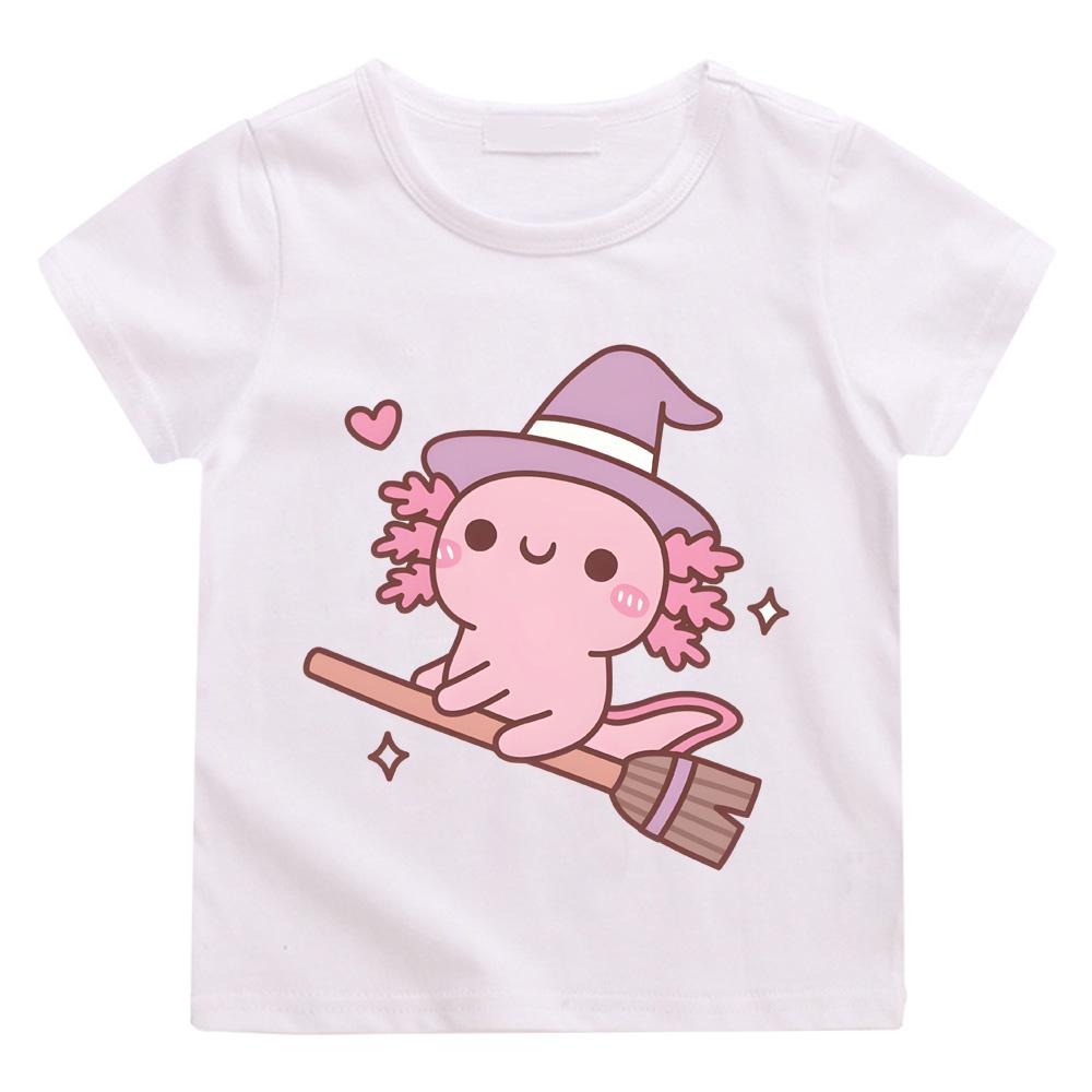 2026 New Style Cute Axolotl Witch Flying on A Broom T-shirts Boys Girls Children T Shirt Graphic Printing Tshirt