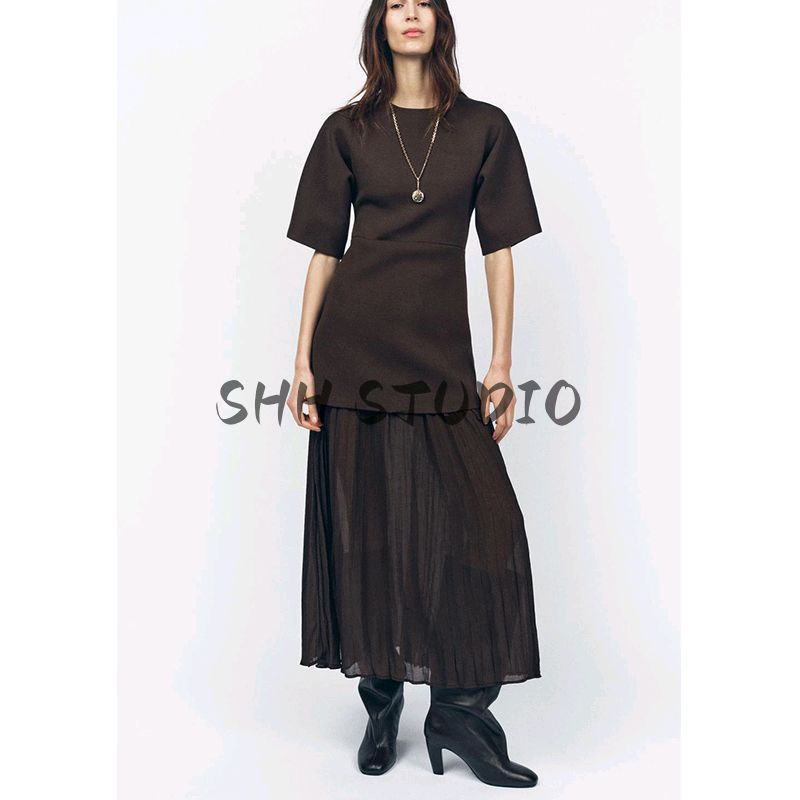 Spring and Summer New Women's Clothing French Simplicity Short Sleeve round Neck Knitting Small Pleated Patchwork Dress 4192001