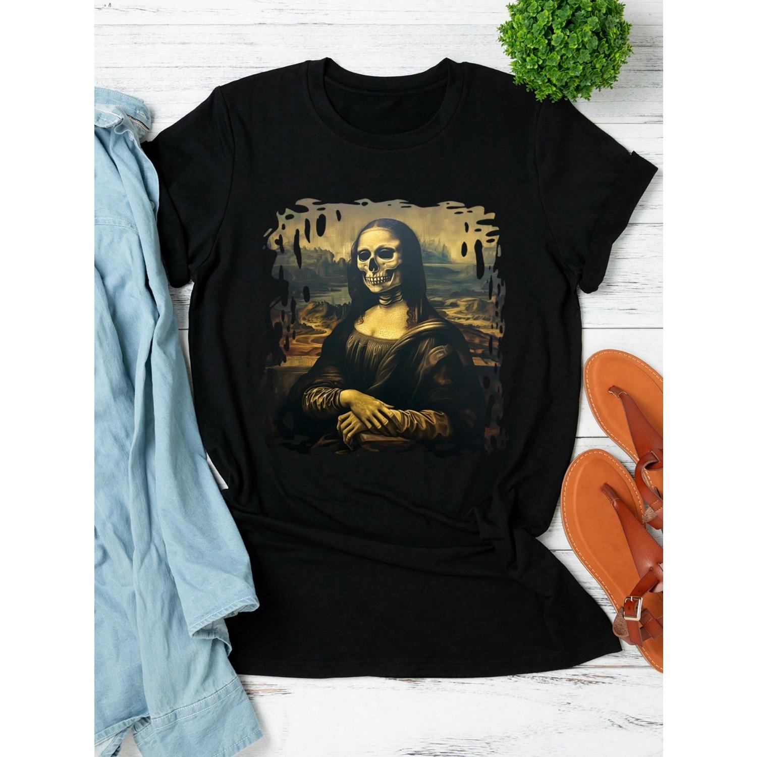 

Calvaya Plus Size Solid Color Skull Portrait Print Round Neck T-Shirt Women Graphic Tee Top For Summer XXXXXL