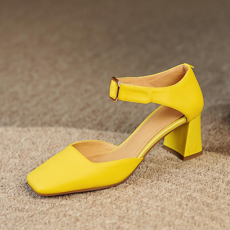 2024 Summer New Women Shoes Square Toe High Heels Cover Heel Shoes Women Genuine Leather Women Sandals Concise Retro Mary Janes