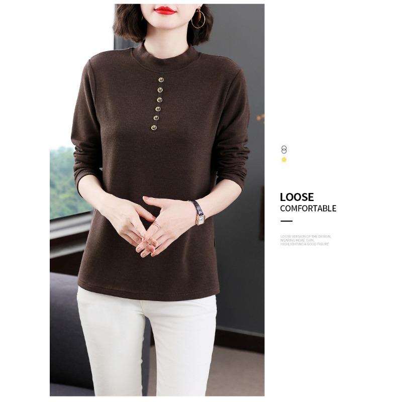 Women Vintage Long Sleeve Fleece Thermal Solid Pullover Base Top For Middle Aged Mothers