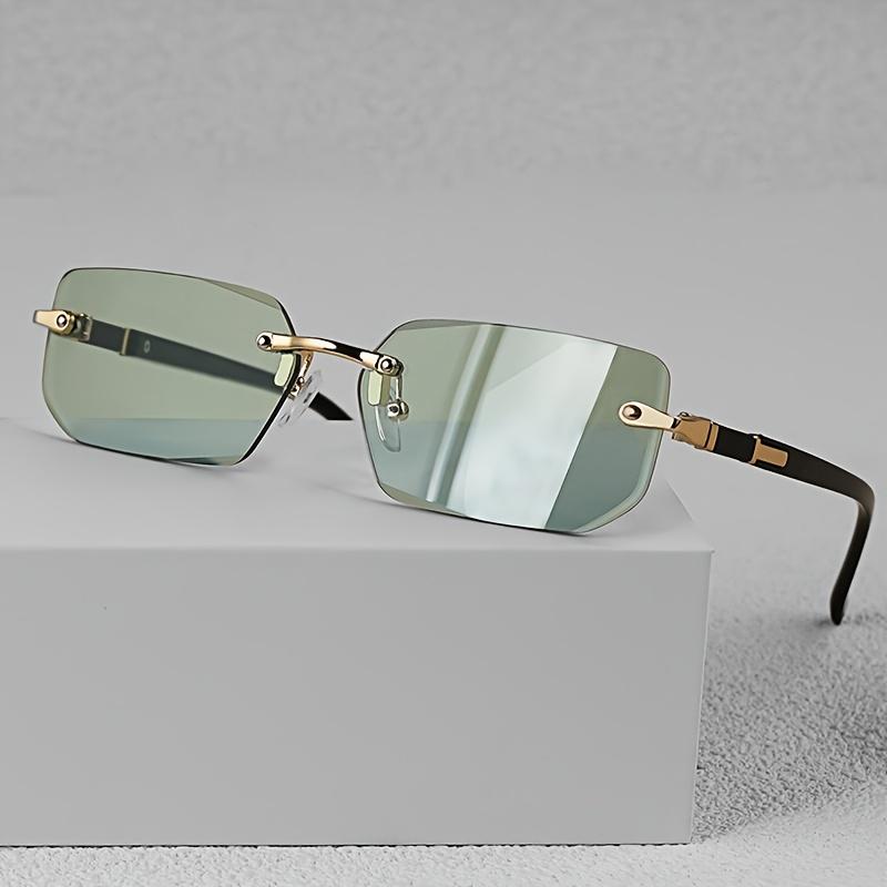 Stilvolle randlose rechteckige Modebrille für Männer & Frauen - Trendige schwarze Gläser mit goldfarbenem Metallrahmen