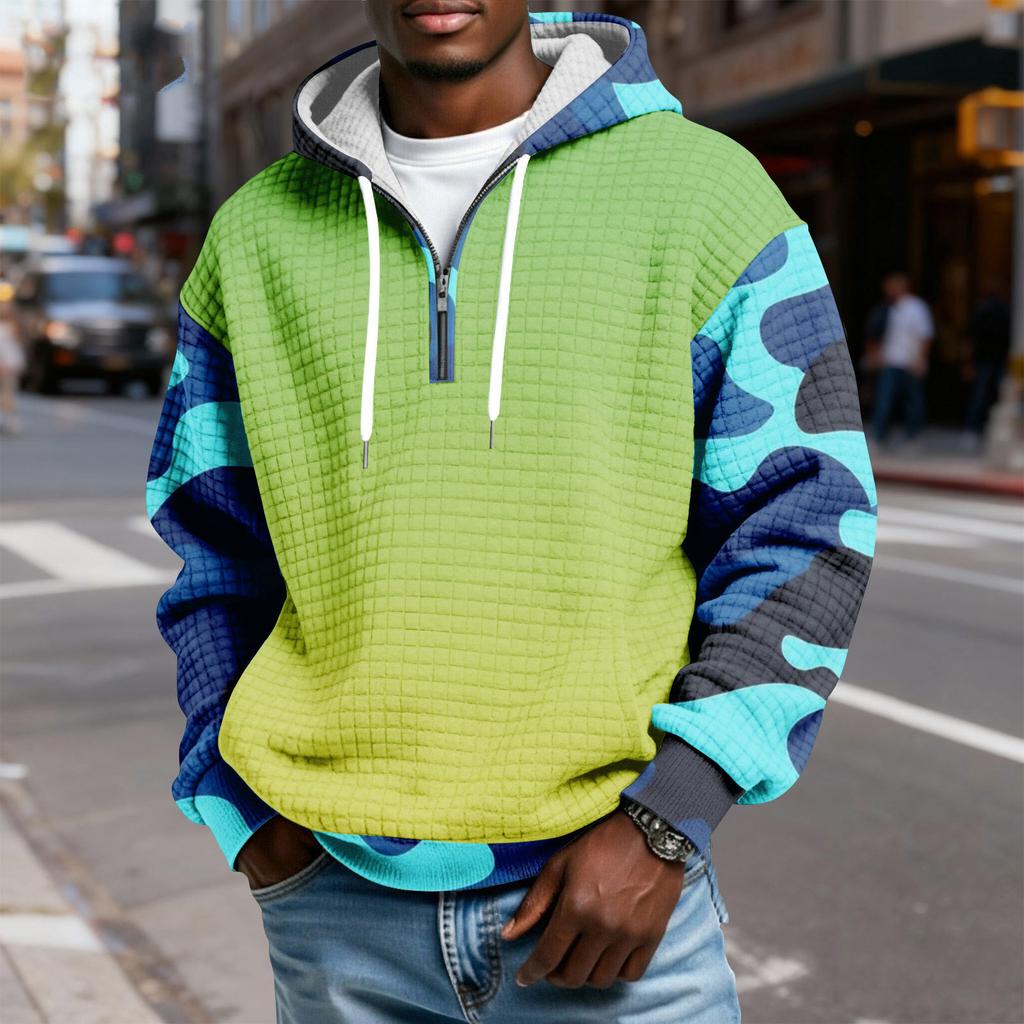 Herren Half-Zip Kapuzen-Plaid-Pullover Kordelzug Print Lässiges Sport-Sweatshirt