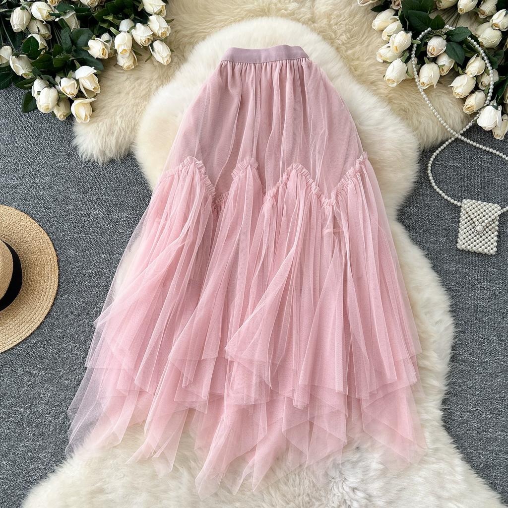 Summer Women Sweet Mesh Patchwork High Waist Long Midi Skirt