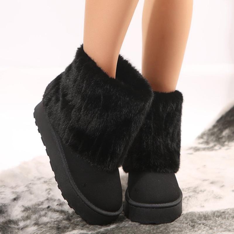 New Thick-soled Round-toe Flip-up Hairy Short Snow Boots Women's Warm Thickened Cotton Shoes