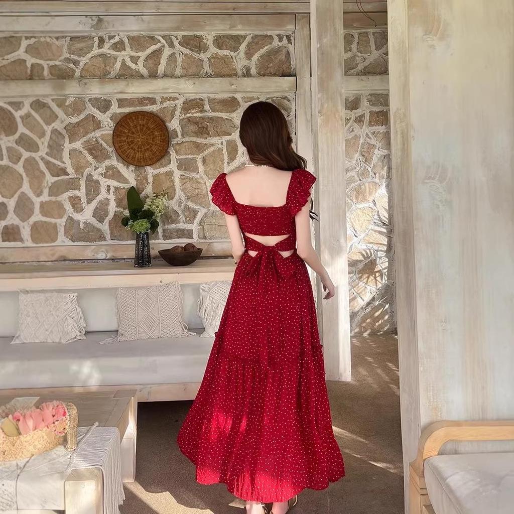 French Retro Red Polka Dot Slimming Summer Dress for Women - Waist-Cinched, Resort Style, Long Design