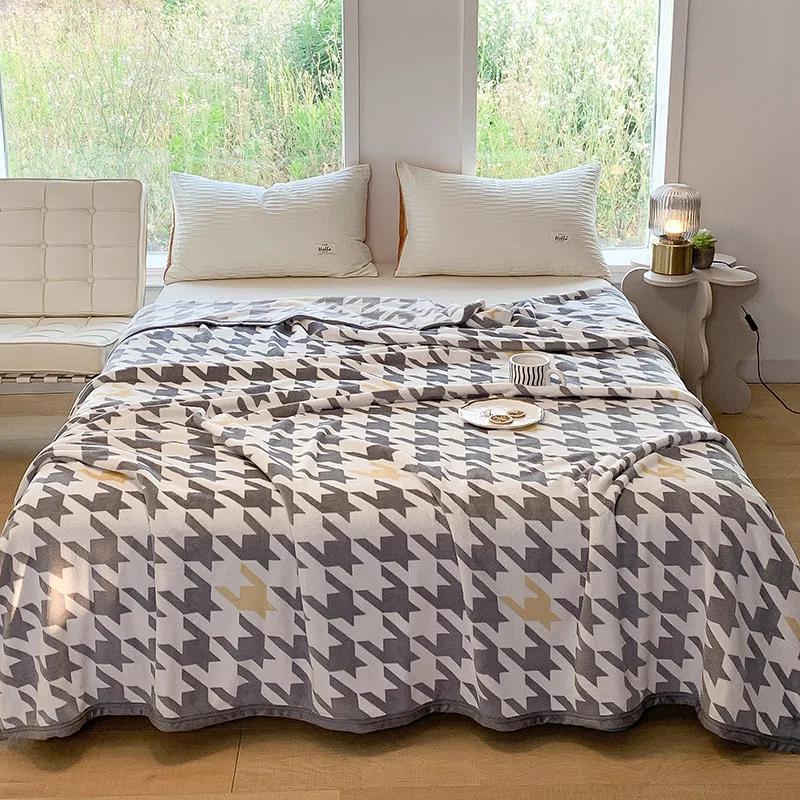 Thick Thow Blanket Geometic Style Reactive Printed Flannel Fleece Blanket for Beds Single/Queen/King Plush Plaids Sofa Plaid Bed