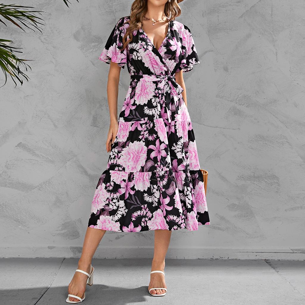 Women's Dresses Printed V-Neck Waisted Mid-Length Short Sleeve Dresses