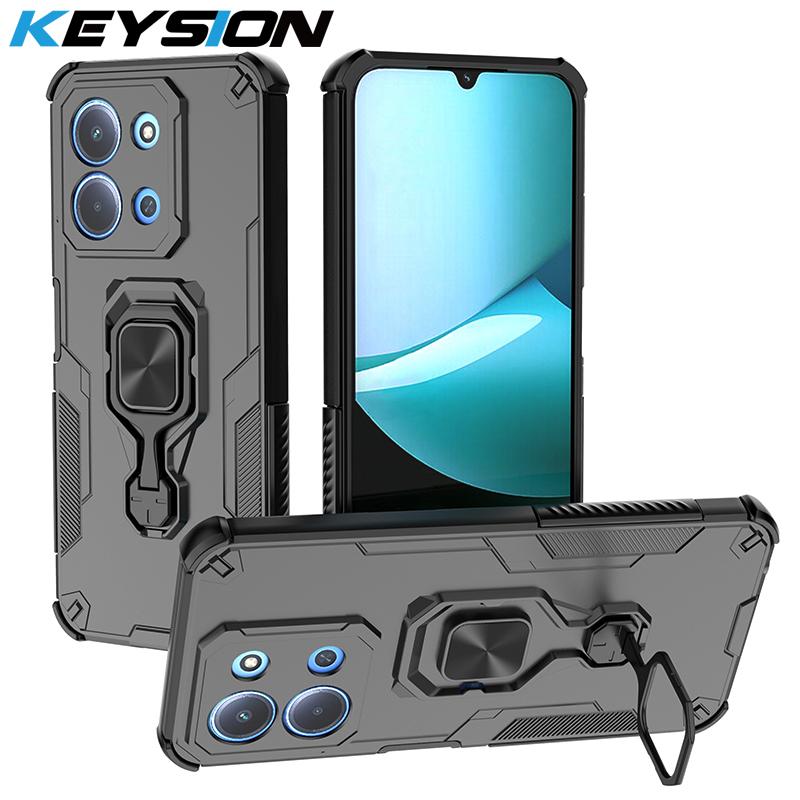 KEYSION Shockproof Armor Case for Redmi 15C 171mm 173mm Silicone+PC Upright Metal Live Ring Stand Phone Cover for Xiaomi POCO C85