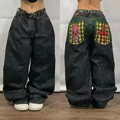 Y2K Trendy Retro Classic Pocket Skull Pattern Straight Denim Trousers Summer American Gothic Washed Wide-leg Denim Loose Pants