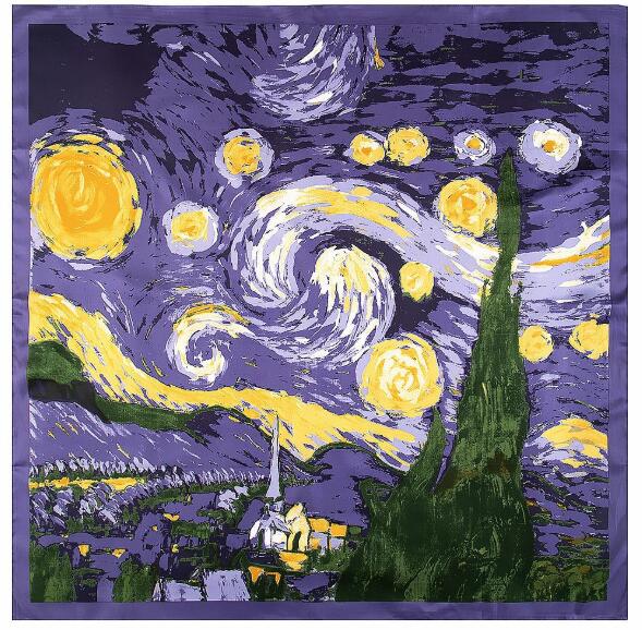 

130*130cm Women Silk Square Scarf Van Gogh Starry Night Oil Painting Shawls and Wraps Foulard Femme Luxury Hijab Head Scarves 130x130cm