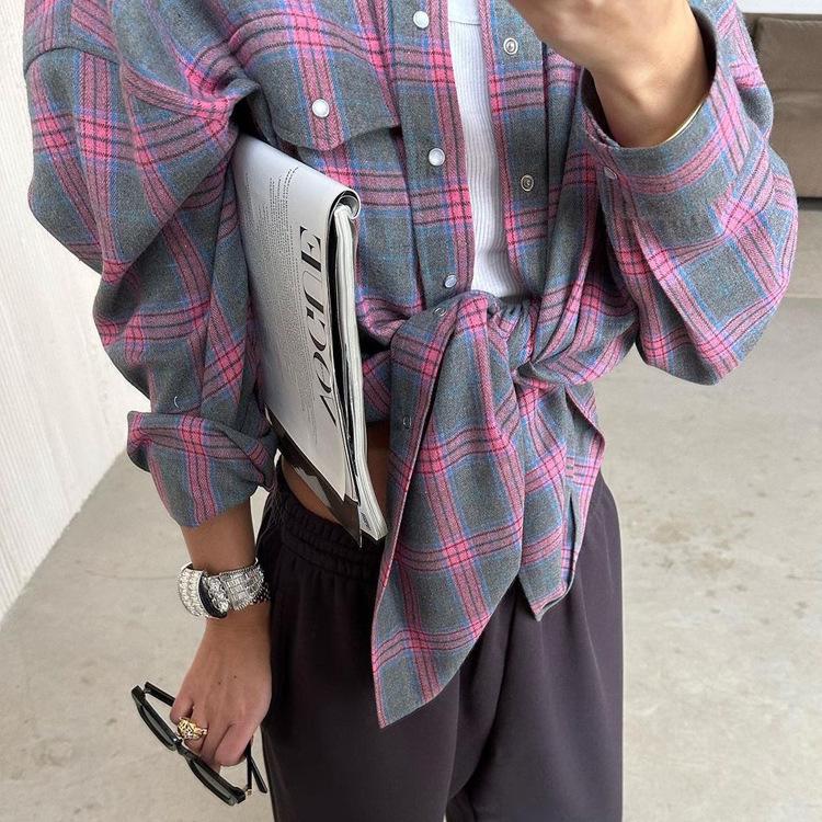 Retro Plaid Loose Lapel Long Sleeve Shirt for Women - Spring & Autumn