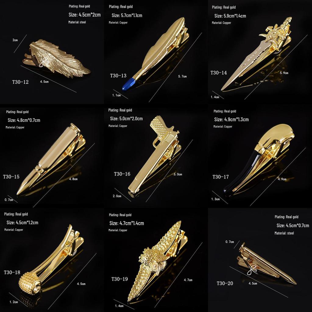 Herren Krawattennadel Kollektion: Goldene Brille, Schlüssel, Anker, Blätter, Schnurrbart, AK, Saxophon, Angelhaken, Pfeife, Kugel, Kragenclips