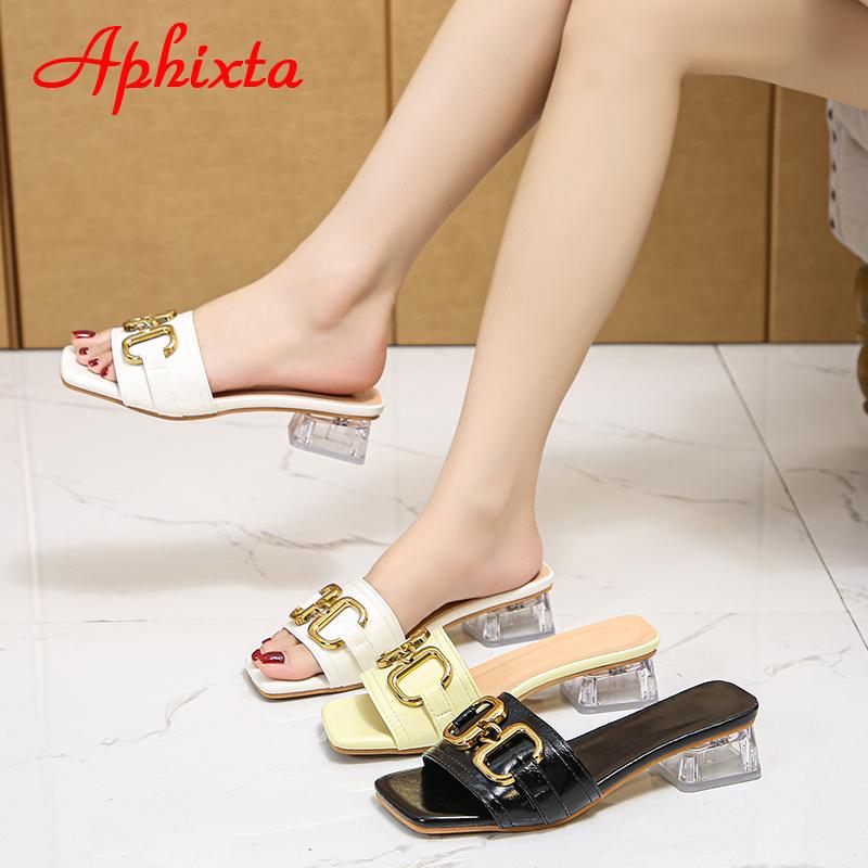 Aphixta 2025 Metal Buckle 3.5cm Transparent Square Heels Slides Women Peep Toe Mules Cool Summer Slippers Sandals Elegant Shoes