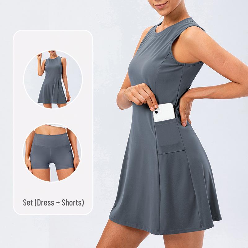 Breathable Two-Piece Tennis & Yoga Dress with Anti-Exposure Skirt L серо-синий