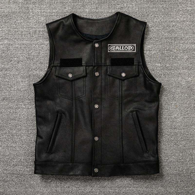 

New Matte Back Embroidered Cowhide Vest Genuine Leather Jacket Men s Sleeveless Vest Short Handsome Motorcycle Suit M
