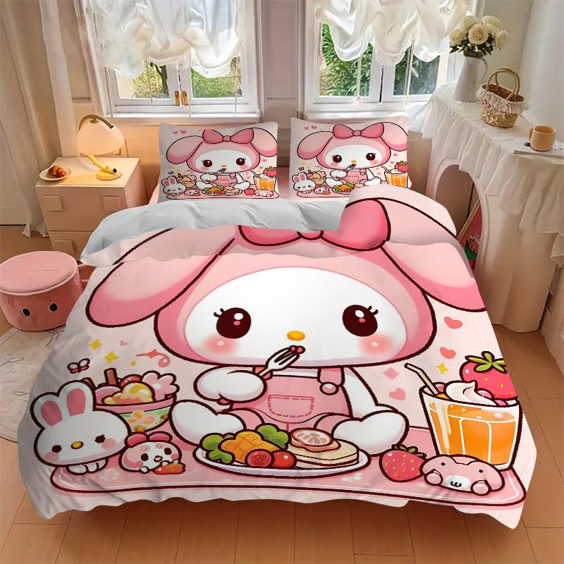 3pcs My Melody's Sweet Breakfast Adventure Bedding Set - 1 Soft Quilt Cover + 2 Pillowcases, Machine Washable - Suitable for All Seasons, Pe