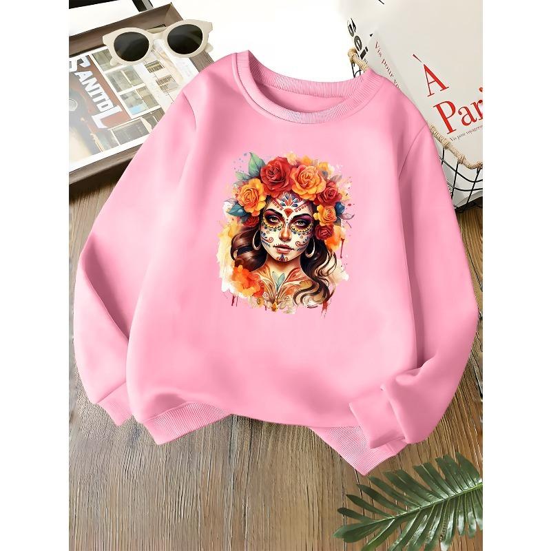 Kids Unisex Crewneck Sweatshirt, Sugar Skull Woman Orange Red Rose Watercolor Art Print Soft Long Sleeve Pullover For Boys Girls Over 4 Years Old
