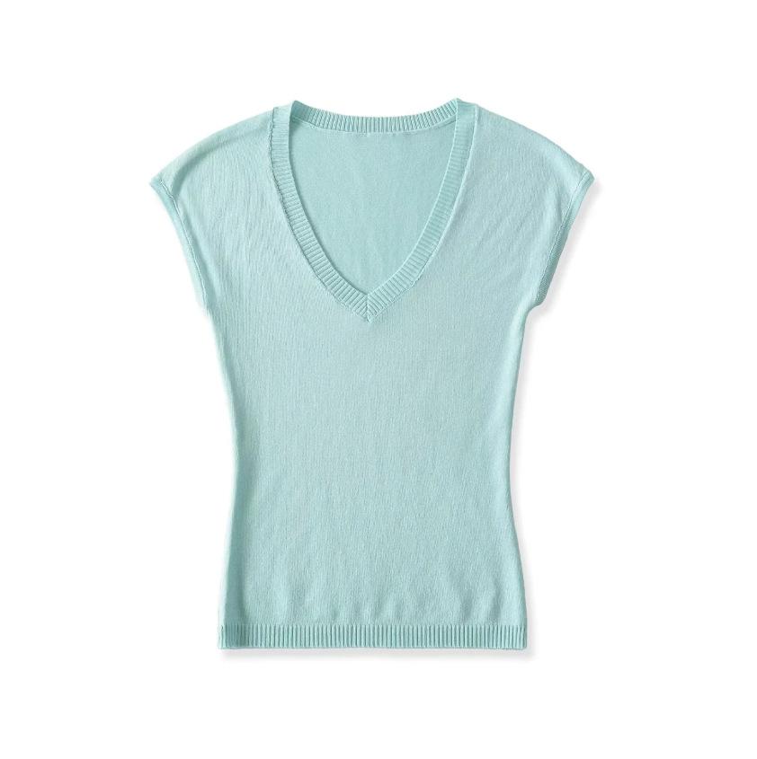 V-neck Slim-fit Short-sleeved T-shirt Women's Summer New American Spice Girl Slim-fit Basic Knitted Inner Top