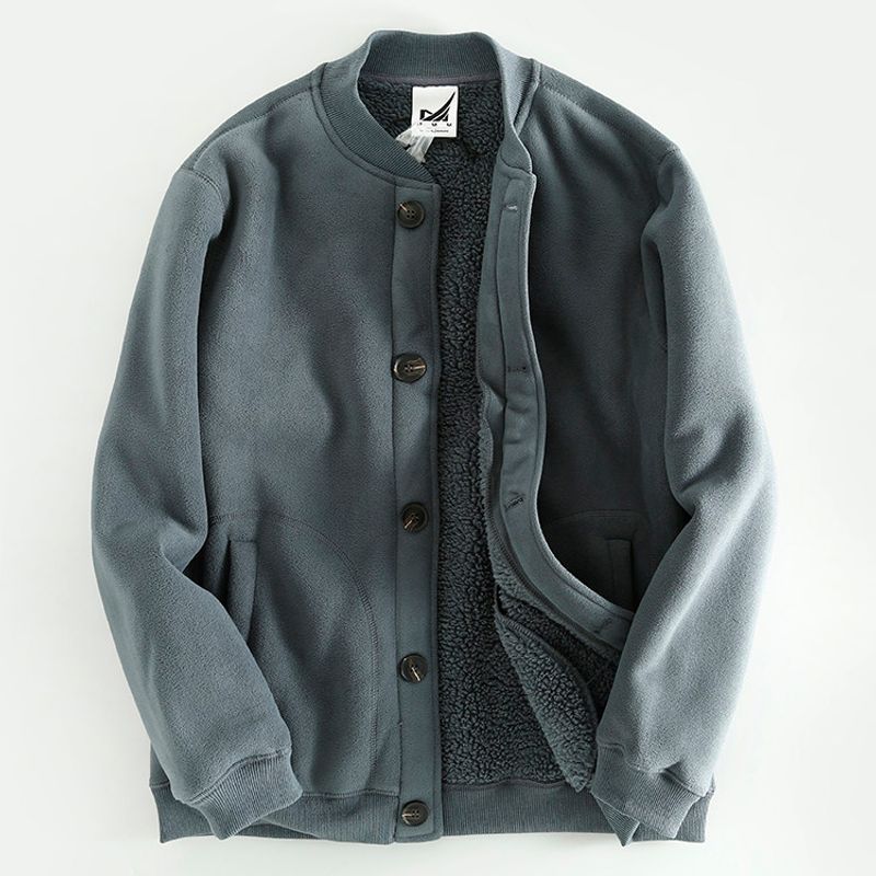 Very Warm Double-Sided Fleece Jacket, Winter Thickened Fleece Baseball Collar Sweatshirt, European and American Style Solid Color Men's Jacket, Trendy